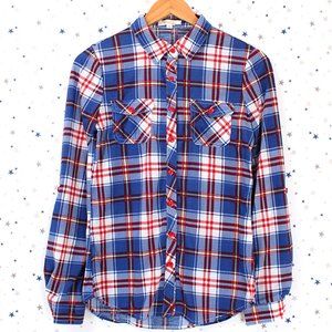 Blue Red Off White Plaid Button Up Shirt